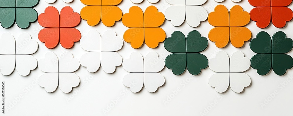 Poster colorful clover shapes in various hues arranged on a white surface, creating a vibrant and playful p