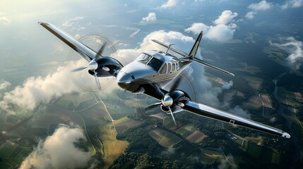 Naklejka premium A photo of a small propeller plane flying over