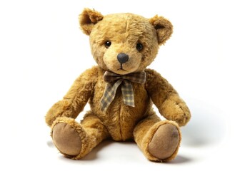 Fototapeta premium A vintage stuffed bear, photographed by drone against a stark white backdrop; its antique plush charm is captivating.