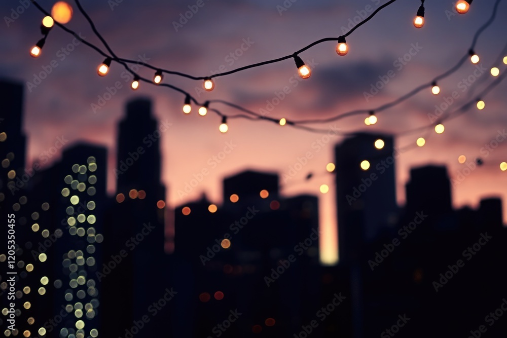 Poster a city skyline at night with a string of lights in the foreground, ideal for use as a background or 