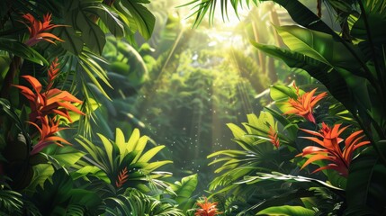 Fototapeta premium Lush green jungle with a bright sun shining through the trees