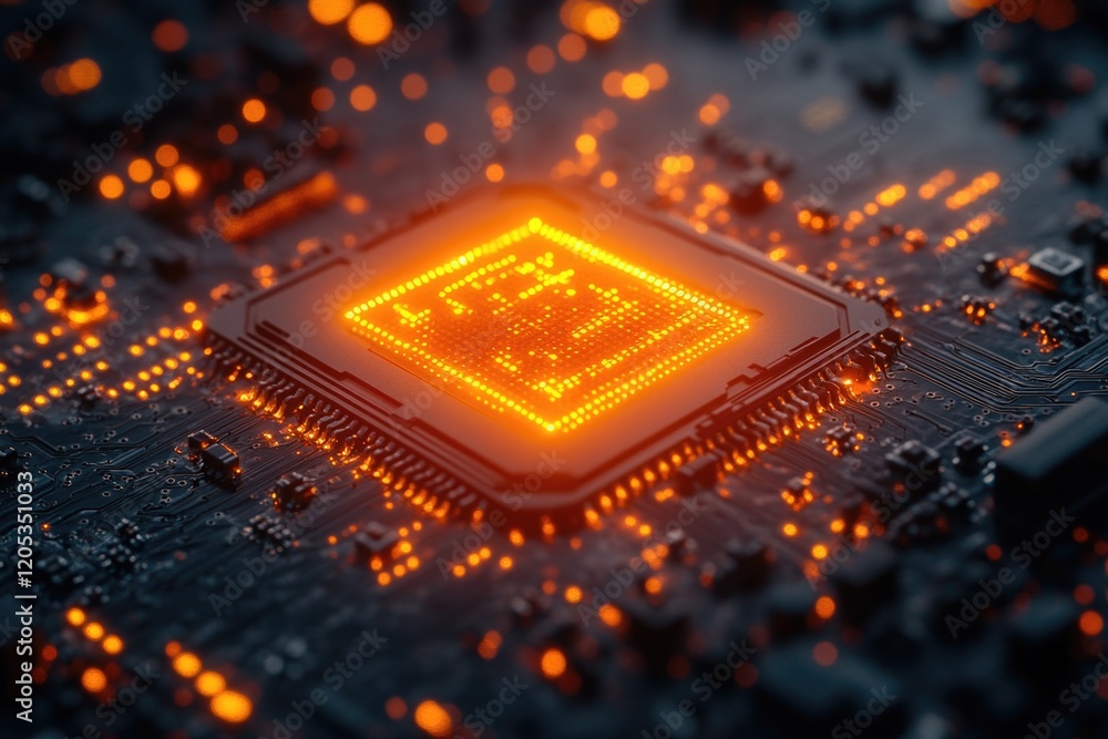 Poster a close-up view of a computer chip on a motherboard, suitable for technology and electronics-related