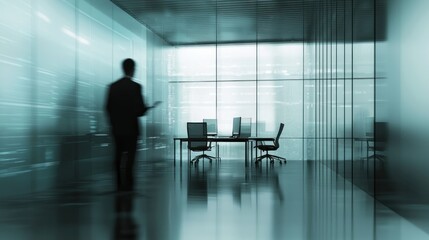 Modern Business Office: A Lone Figure in a Sleek Workspace