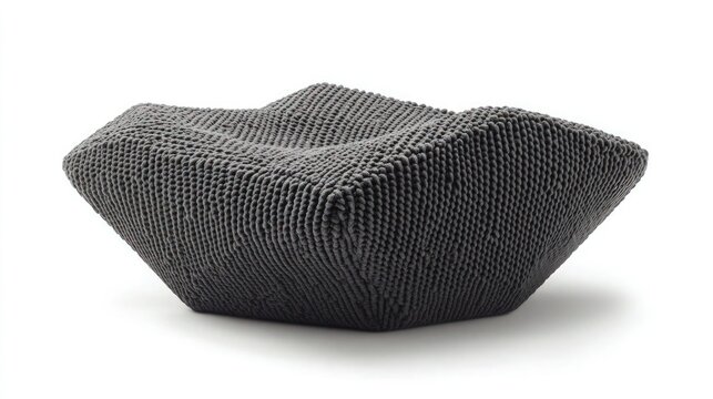 A geometric charcoal gray pouf with a textured knit fabric, placed on a white background. The pouf has a unique angular shape, and the knit pattern is bold and chunky.