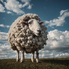 A surreal sheep with its wool shaped like clouds.