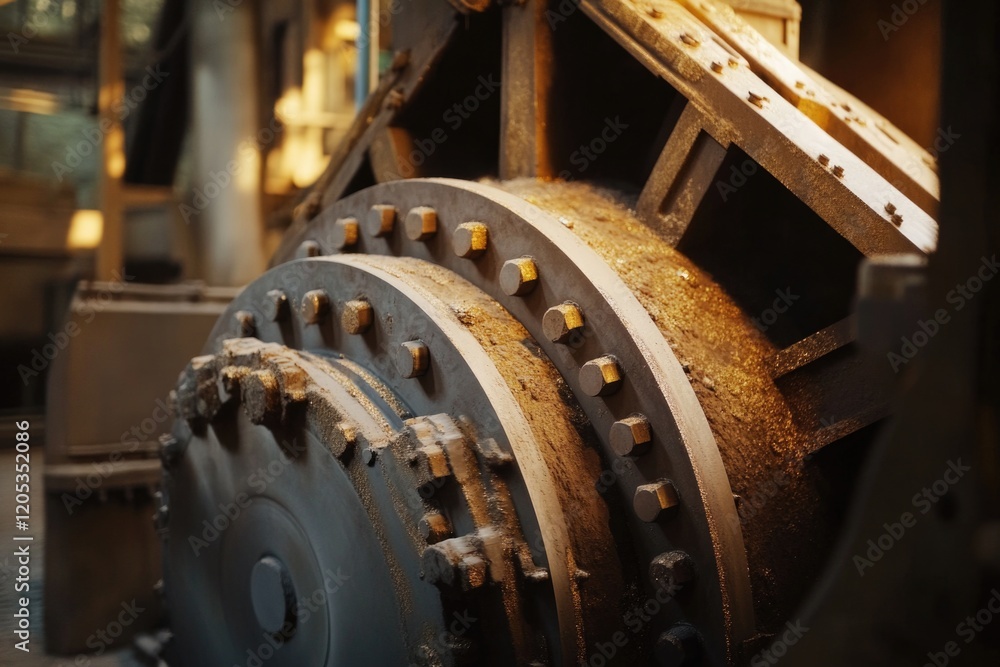 Poster close-up of a large metal machine part with textured surface