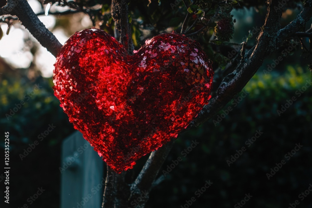 Poster a bright red heart hangs from a tree branch in a natural setting
