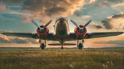 Fototapeta premium A photo of a vintage airplane parked on a grassy