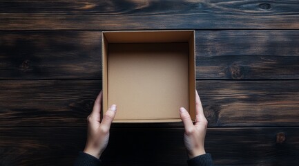 Empty cardboard box held by hands on wooden surface.
