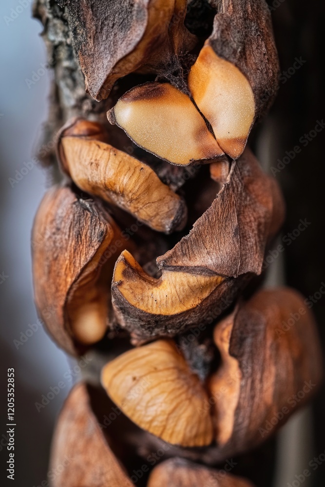 Poster a tree branch with various types of nuts hanging from it