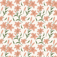 Colorful Floral Pattern with Leaves. Cute Small Lilies on Seamless Background. Lily Flower Pattern.