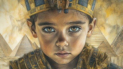 Close-up Portrait of a Hand Drawn Egyptian Pharaoh with Pyramids