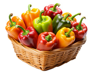 A woven basket filled with colorful bell peppers: yellow, green, red, and orange