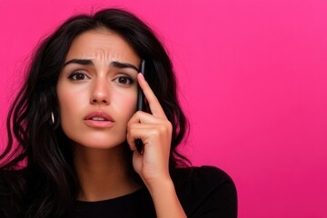 Fototapeta premium A woman holds a cell phone and talks against a bright pink background
