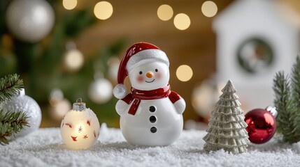 A snowman wearing a red hat and scarf standing next to festive Christmas decorations