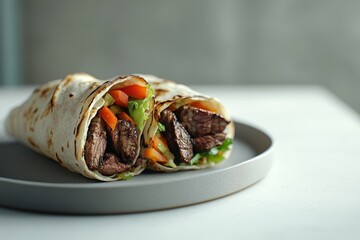Two delicious steak wraps with grilled beef, bell peppers, avocado, and greens on a gray plate.