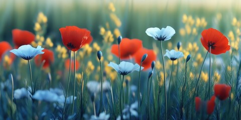 A beautiful field filled with vibrant red and white flowers, perfect for decoration or photography