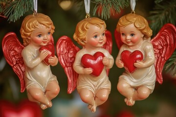 Three small cherubic angels hang from the branches of a decorated Christmas tree