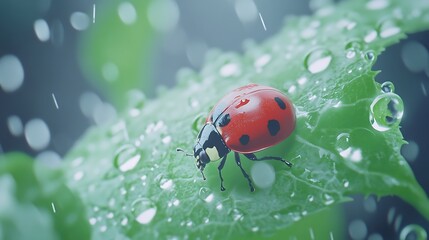 Obraz premium Ladybug on a Dew Covered Leaf in the Rain Macro Nature Photography