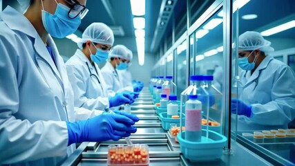 Laboratory workers in protective gear handling samples in a cleanroom environment.