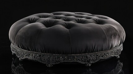 A luxurious dark charcoal pouf bed with soft velvet upholstery and intricate embroidery around the edges, isolated on a black background. The pouf bed has a rich, elegant design .