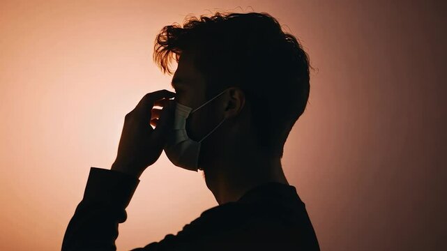 Silhouette of a young person wearing a face mask against a backdrop.