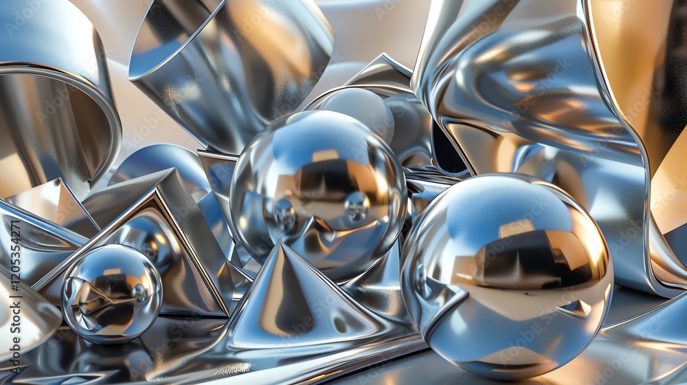 Poster a collection of metallic geometric shapes, including spheres, cylinders, and pyramids, reflecting li