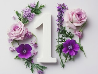 Floral arrangement with the number one, celebrating a special occasion or milestone in a vibrant and elegant style