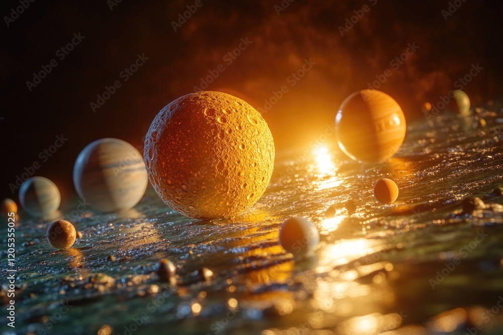 Poster a group of planets floating on the surface of the water, creating a surreal and dreamlike atmosphere