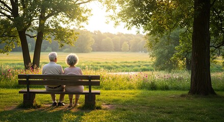Senior couple sitting on a wooden bench in a nature park. Panoramic background with copy space.
