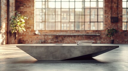 Naklejka premium Modern Minimalist Coffee Table in Stylish Industrial Loft Setting
