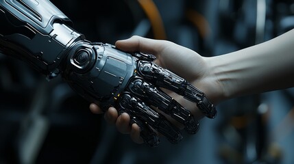 Human and robotic hands unite in a moment of connection and understanding within a futuristic workshop setting