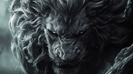 Close up rendering of a majestic black lion with glowing white eyes and detailed fur texture