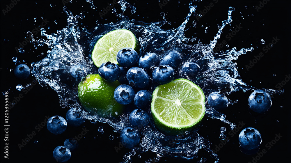 Poster blueberries and limes splash in water creating a refreshing and vibrant scene in a dark setting