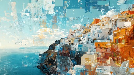 Abstract Art of Coastal Village with Colorful Houses and Ocean View