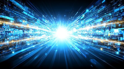 Fototapeta premium Abstract Digital Data Stream Futuristic Technology High Speed Network Blue Light Bright Glow Data