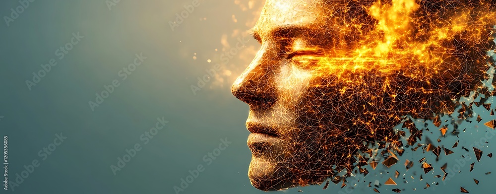 Poster Abstract Digital Face Disintegrating into Fiery Network Glowing Energy