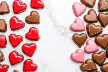 Fototapeta premium A colorful table setting filled with plenty of chocolate hearts for Valentine's Day or romantic celebrations