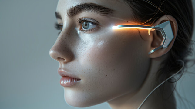 Rostro de mujer joven con dispositivo futurista acoplado a la sien.