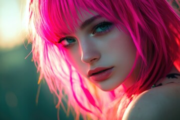 Naklejka premium A woman with pink hair posing in front of the camera, ready for her close-up