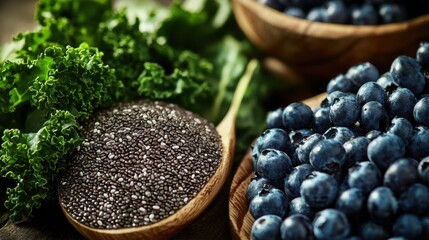 Fototapeta premium A detailed look at superfoods, featuring chia seeds, blueberries