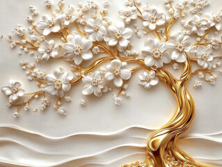 Golden Blossom Tree:  A 3D rendered illustration of a stylized tree with a golden trunk adorned with delicate white blossoms, creating a breathtaking image that embodies elegance, prosperity.