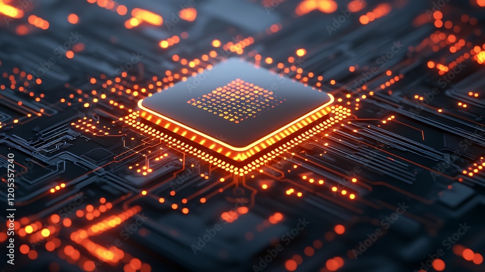 Poster Illuminated Central Processing Unit on Circuit Board Technology Digital Microchip Computer