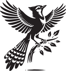 Black Color Blue Jay Silhouette Vector Illustration, Solid White Background. minimal vector design