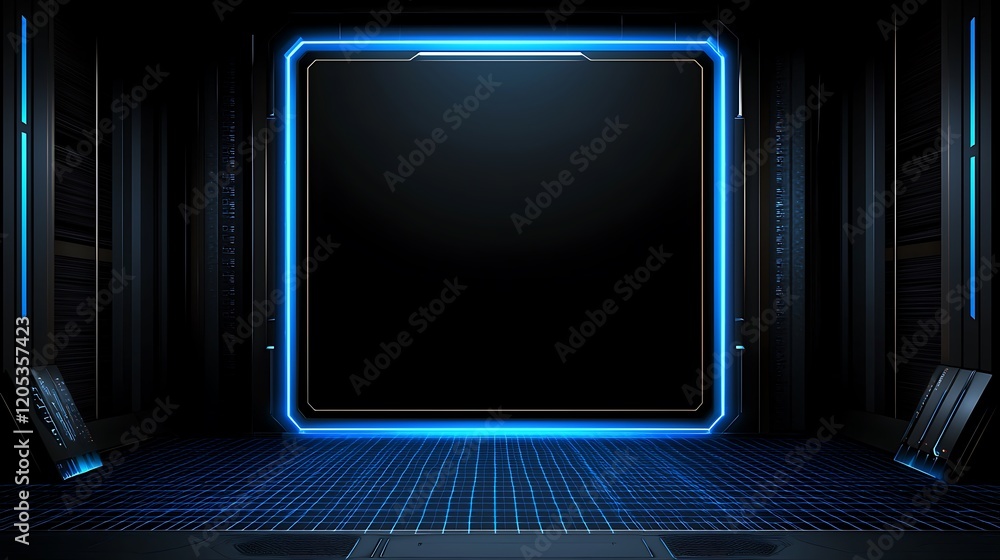 Poster futuristic sci fi room with glowing blue neon lights and grid floor abstract technology background