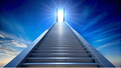 Fototapeta premium Stairway to Bright Light in Blue Sky, Symbolic Path to Heaven, Inspirational Concept of Hope and Ascension, Spiritual Journey Imagery, Dreamlike Vision, Motivation and Growth Themes