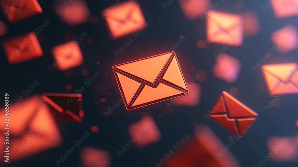 Poster abstract 3d render of glowing red email icons digital communication concept