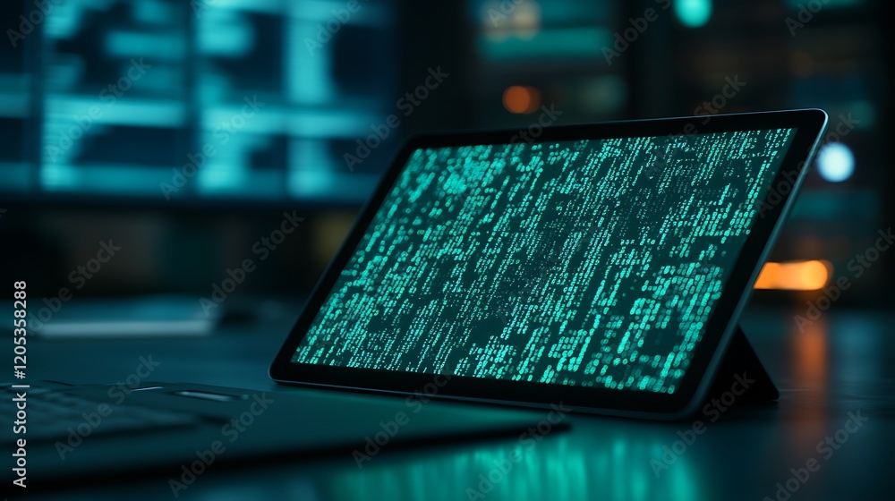 Poster Digital Code on Tablet Screen Glowing Green Technology Concept Software Development Dark Background