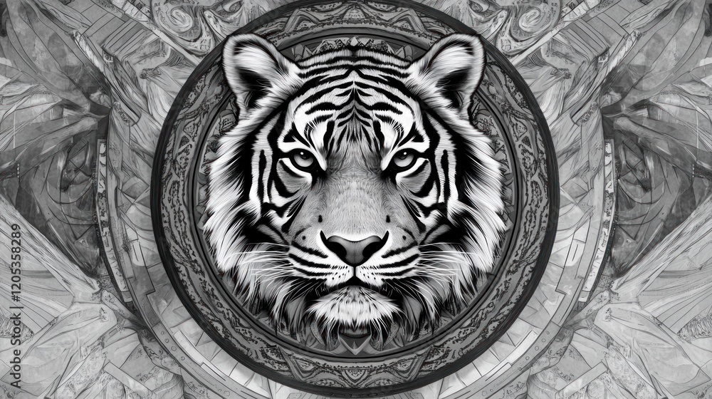 Poster monochrome tiger portrait within an ornate frame set against a complex patterned backdrop
