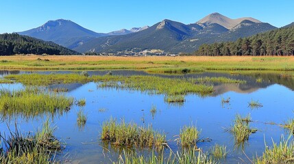 Fototapeta premium Mountain lake wetland reflection, scenic vista, travel poster